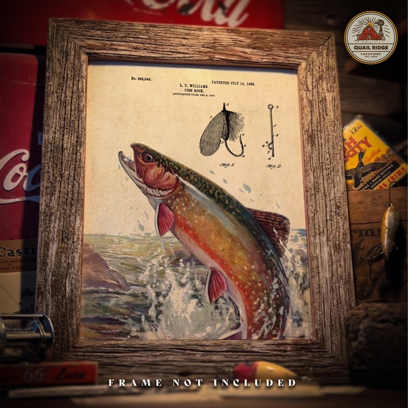 Vintage Fly Fishing Lures Patent Art Print Brook Trout Fish Cabin Wall Decor