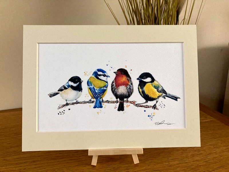 Birds on branch a4 mounted art print watercolour robin, blue tit wall decor gallery