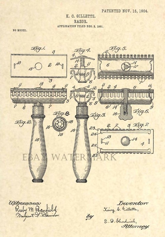 Official Gillette Razor 1904 Patent Art Print – Bathroom Shaving Barber Blade -6