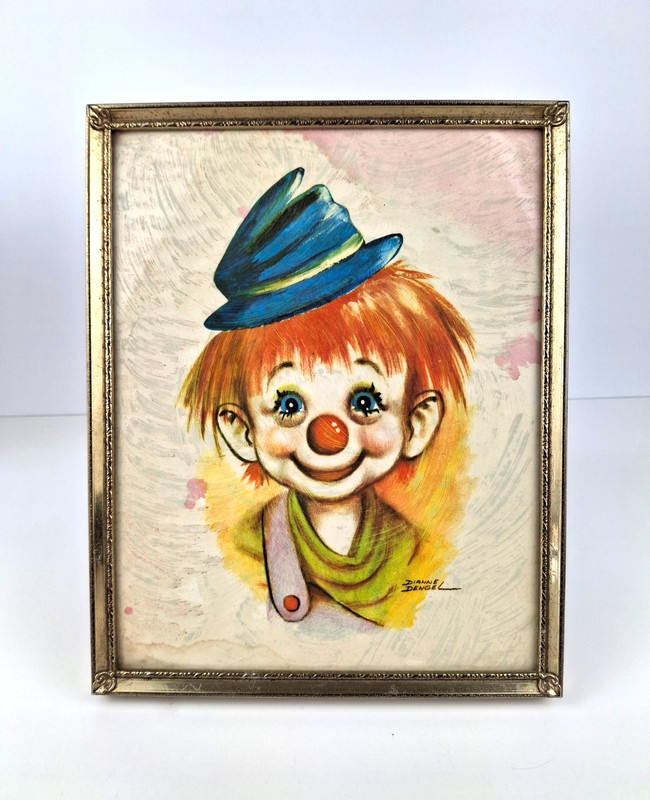 Vintage Clown Hobo Litho Prints Dianne Dengel Colorful Signed 1960s Gold Framed