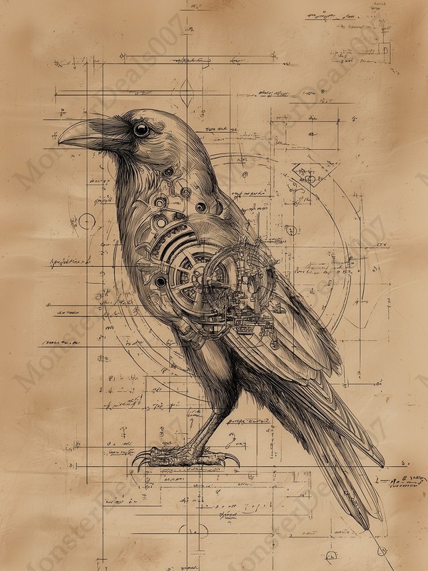 Mechanical Raven Art Print Steampunk Crow Drawing Gothic Bird Wall Decor Poster