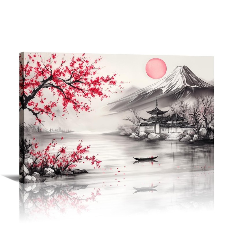 Japanese Wall Art Asian Landscape Watercolor Canvas Prints Red and Black Cher...