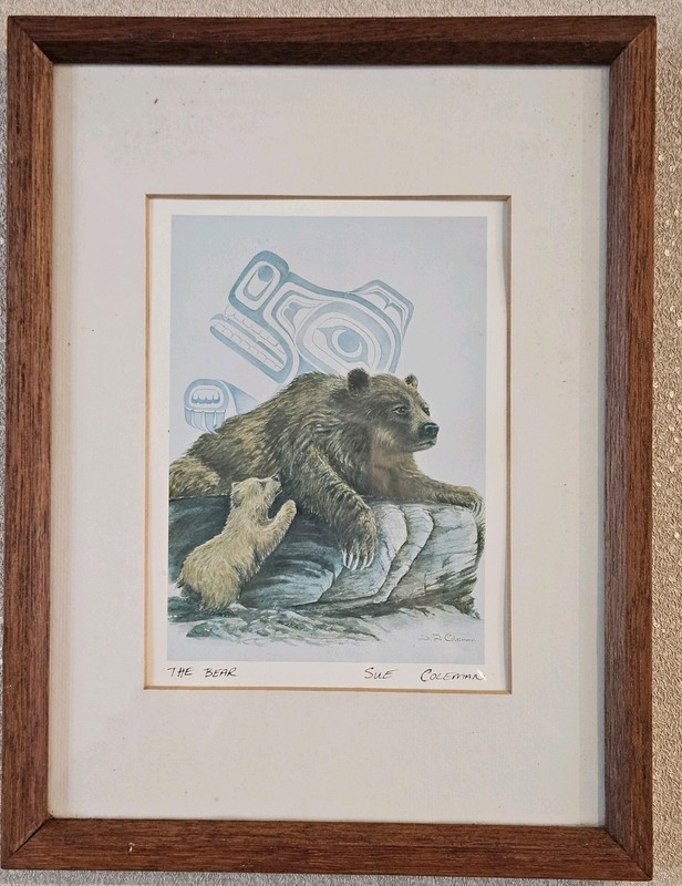 Vintage Framed Print Signed, The Bear By Sue Coleman With Indigenous Symbolism
