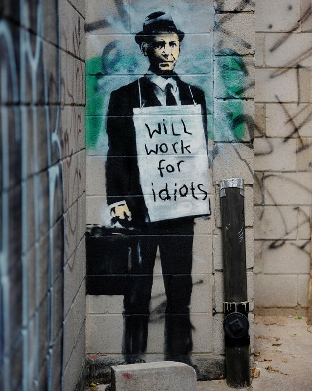 Banksy graffiti art, Will Work for Idiots, Giclee Canvas Print, 16"x20"