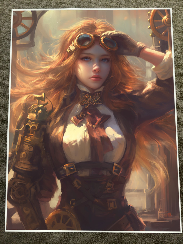 Steampunk Adventurer with Long Red Hair – Industrial Fantasy Print 18x24in