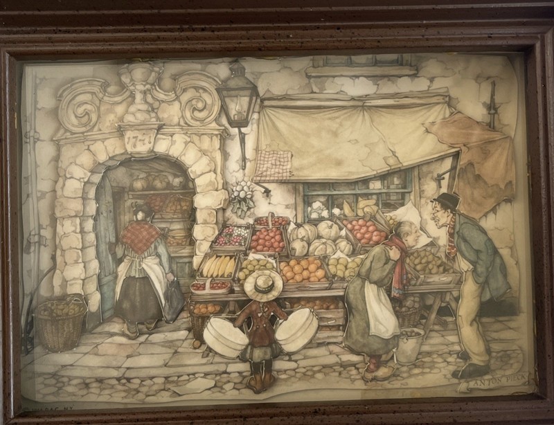 Vintage 1968 Anton Pieck 3D Shadow Box Paper Tole Art Fruit Market