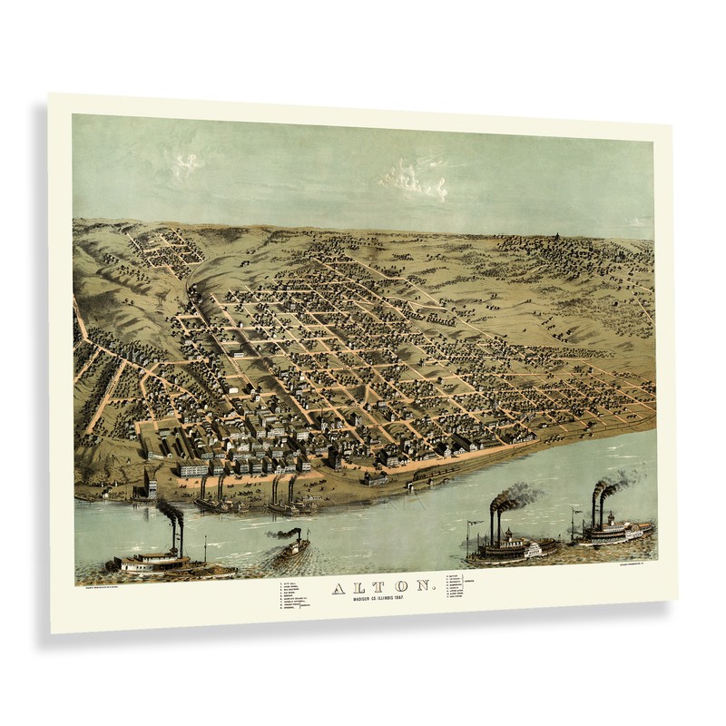 1867 Alton Madison County Illinois Bird's Eye View Map Print Wall Art Poster