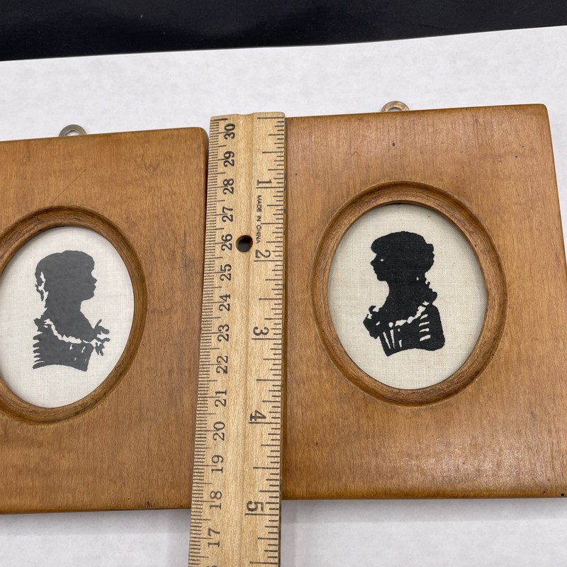 Antique Vtg Silhouette Children Pair Ink On Fabric Small 5”x4” Wood Framed gallery