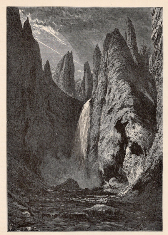 TOWER FALLS – Cascade & Volcanic Spires Yellowstone 1872 Antique Wood Engraving