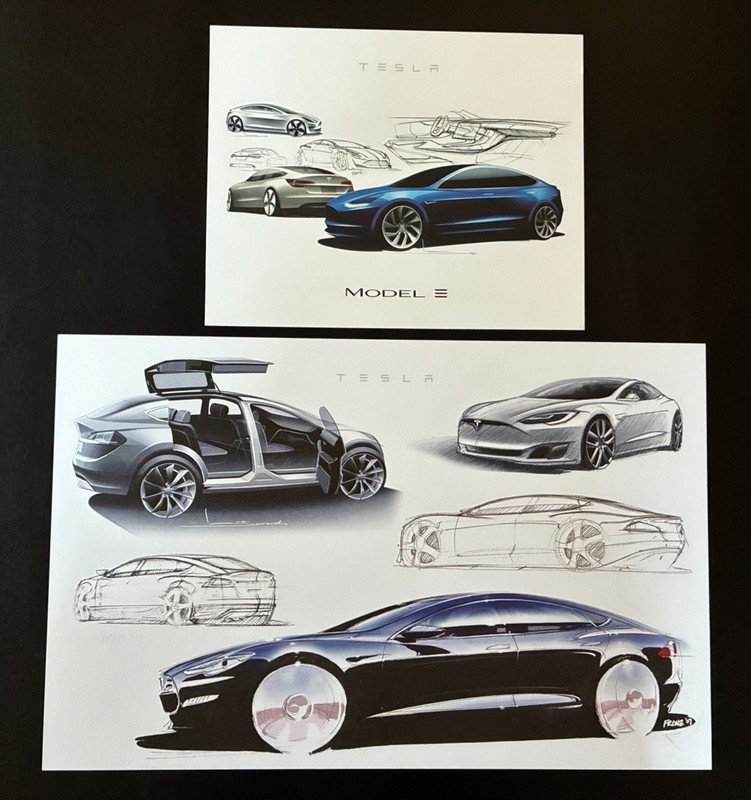 Tesla Print Art (2 Items) – 2016 Launch & 2007 Concept Designs – Rare Collection