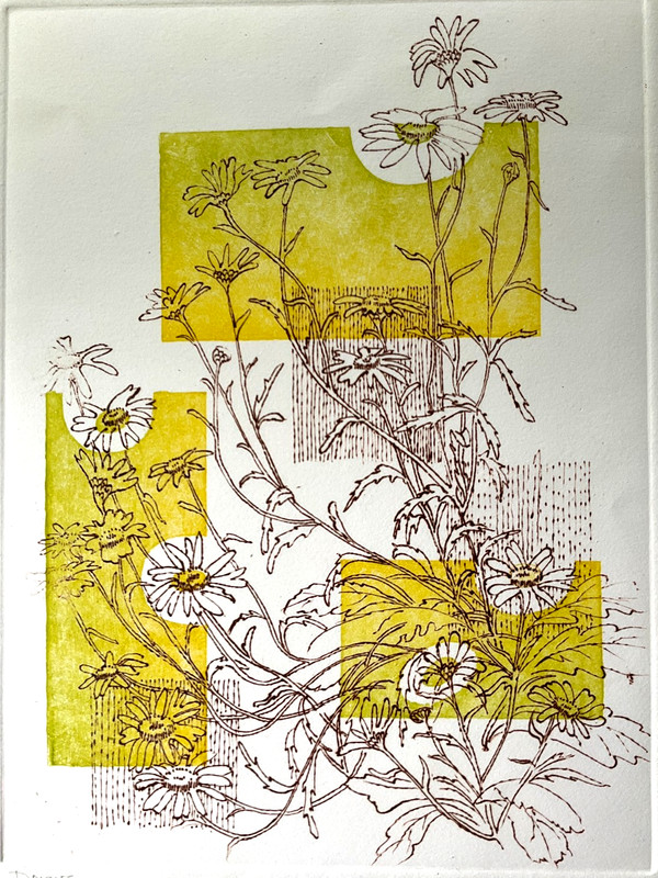 PEARCE BATES DAISIES TWO COLOR WOODCUT PRINT SIGNED NUMBERED NEAR MINT