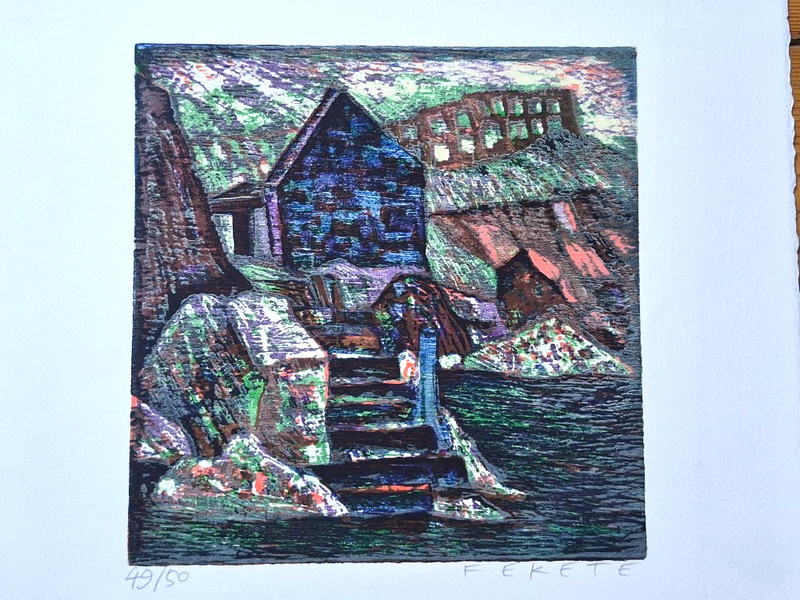 Esteban Fekete, original color woodcut autographed limited, 35.5 x 37.5 cm