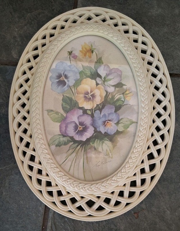 Vtg Homco Picture Pansies Framed Off White Lattice Signed Fran Anderson 2394 MCM