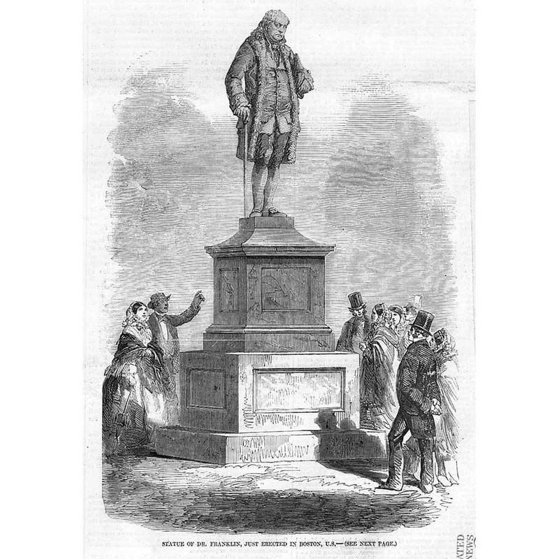 BENJAMIN FRANKLIN Statue Erected at Boston, Mass – Antique Print 1856