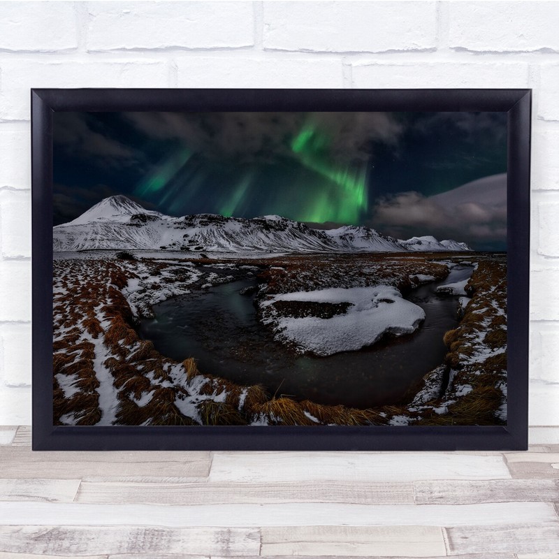 Iceland River Stream Landscape Snow Winter Sky Aurora Borealis Wall Art Print