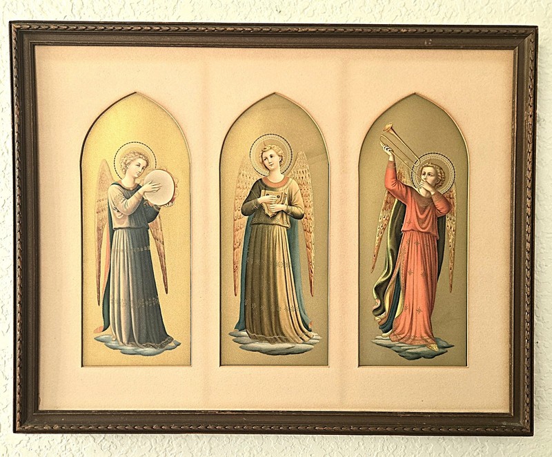 1920s Framed Lithograph Three Musical Angels Fra Angelico Print