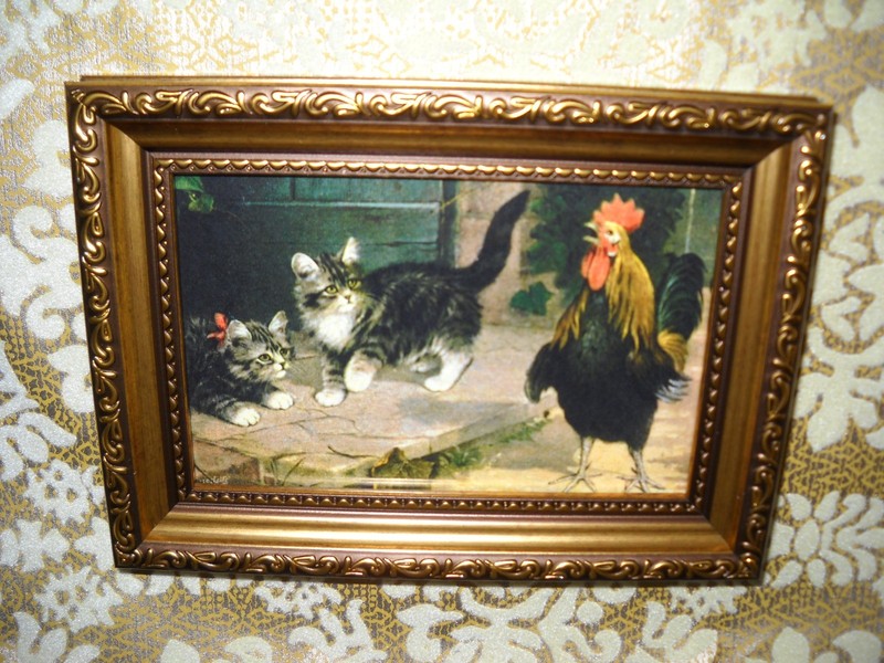 KITTENS STARTLED BY ROOSTER CROWING 4 X 6 gold framed Victorian style art print