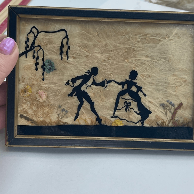 1930’s Mary Fisher silhouette reverse painted glass dried flowers.