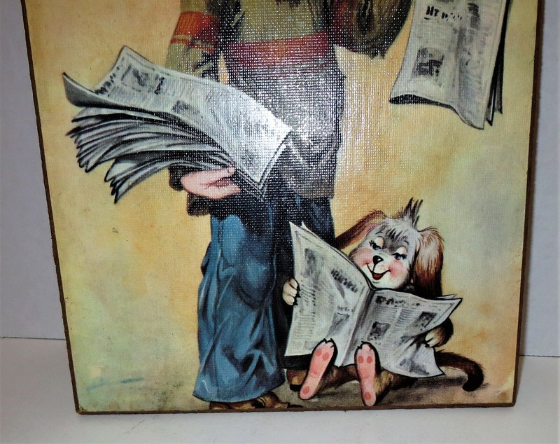 Vintage 60s Big Eyes Boy Newsie & Dog Mounted Art Paperboy Made in Italy Eyed gallery