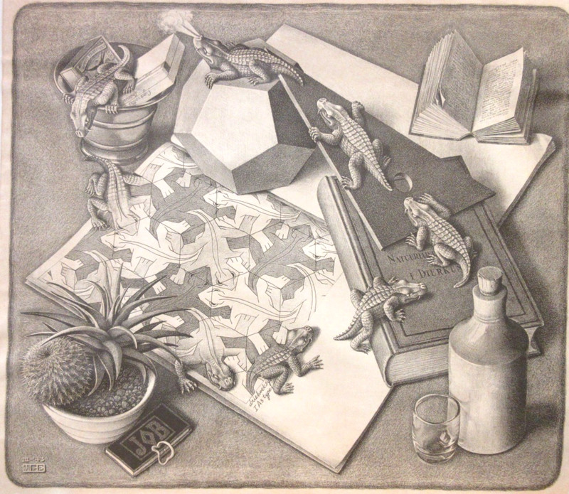 M C ESCHER REPTILES HUGE 28″x 32″ LITHOGRAPH PRINT 1960s or earlier FRAMED