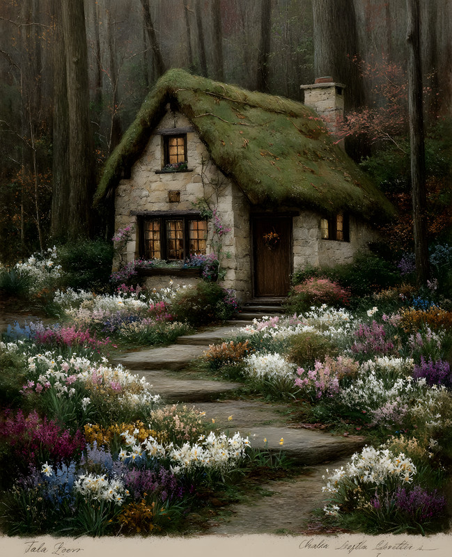 8×10 Cozy Storybook Cottage in Woods Art Print Classic Illustration – 320064751