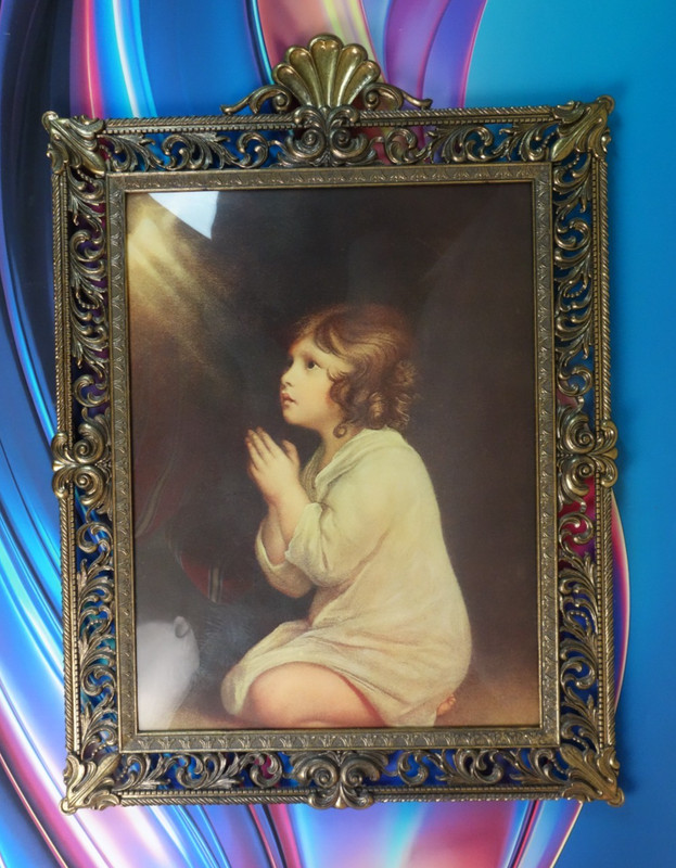Ornate Brass Framed Bubble Glass Praying Infant Samuel Made In Italy 21-1/2″ H