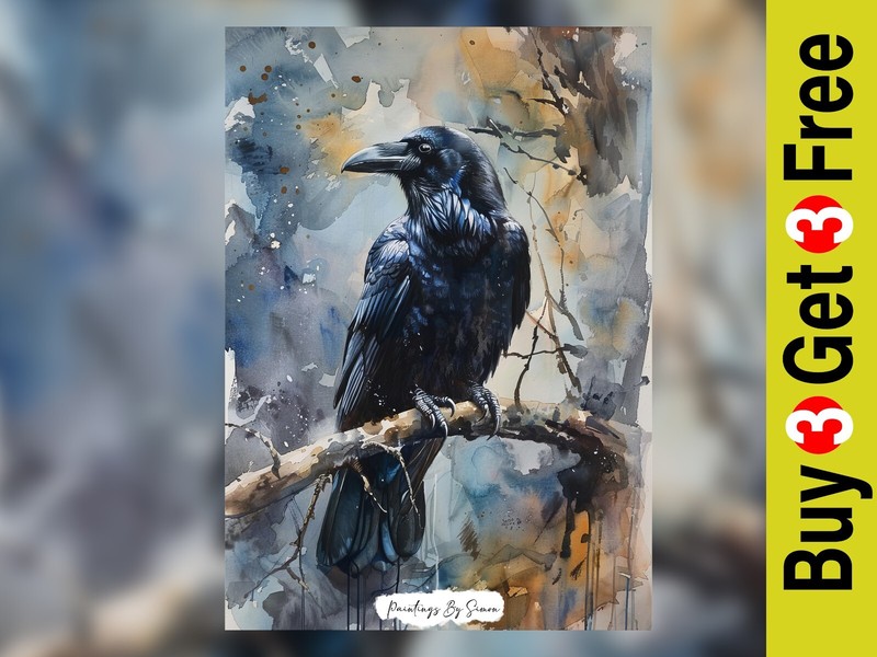 Mystic Raven, Traditional Watercolor Avian Art Print 5″x7″ on Matte Paper