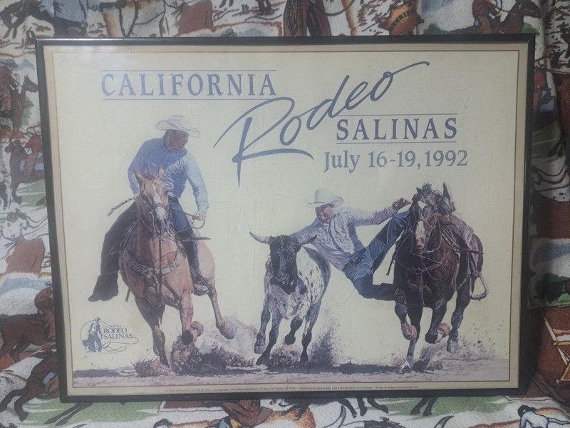 California Rodeo Salinas, 1992 cowboy art framed steer wrestler paper poster.