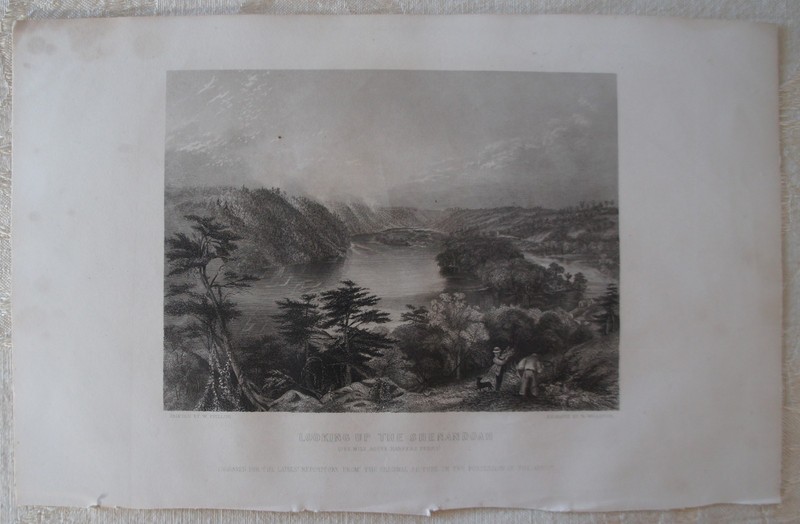 HARPERS FERRY ANTIQUE 19TH C ENGRAVING LOOKING UP THE SHENANDOAH CIRCA 1860