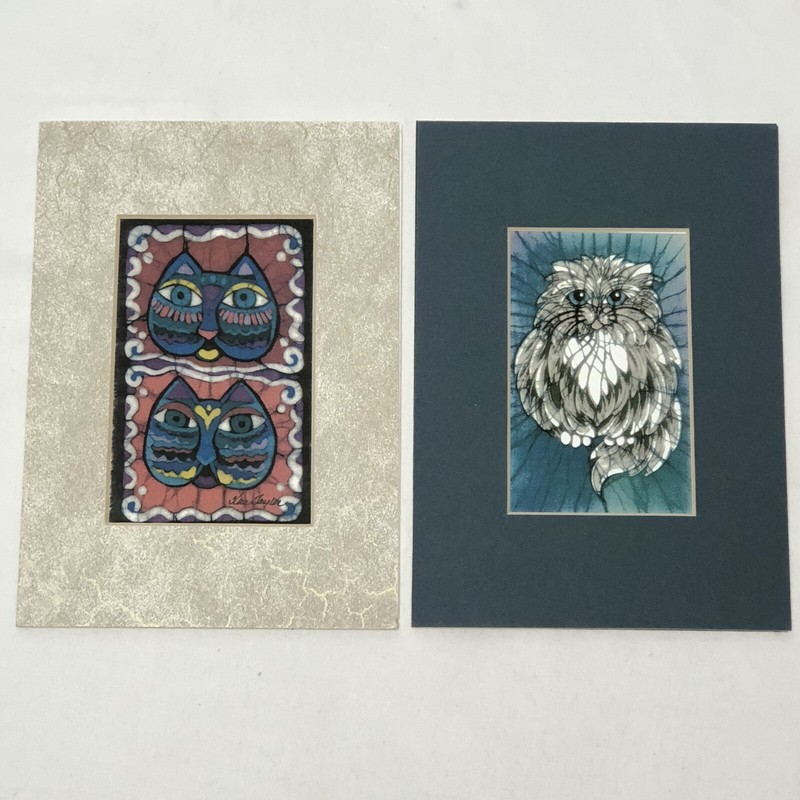 Kae Taylor Batik Cat Art Prints 5×7 Matted Gray Blue Colorful