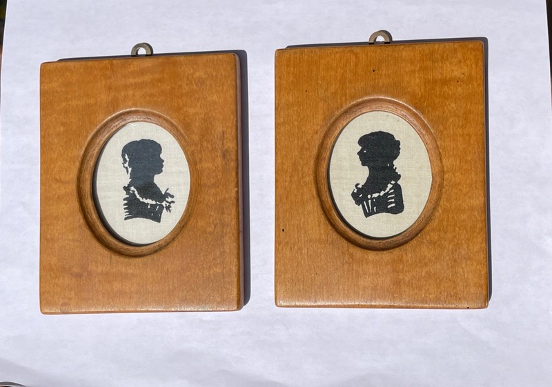 Antique Vtg Silhouette Children Pair Ink On Fabric Small 5”x4” Wood Framed
