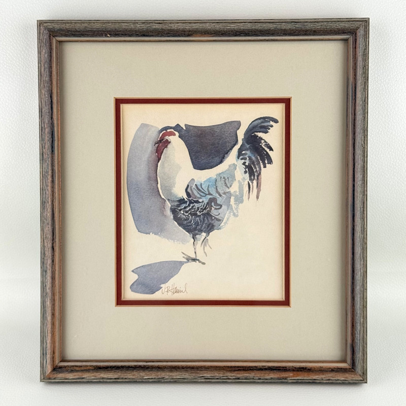 Rare J.R. Hamil Rooster Watercolor Print Signed Framed Rural Country 9.5×10.5″