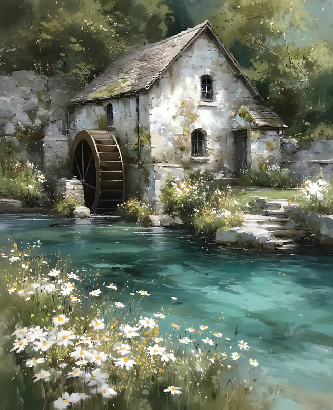 8x10 Cozy Storybook House By Water Art Print Classic Illustration - 236833308