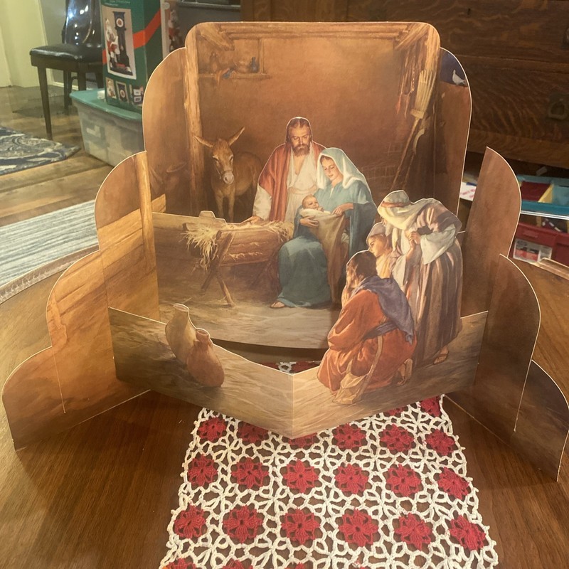 Vntg Shepherds Nativity Providence Lithograph Christmas Cardboard Fold Out 14”