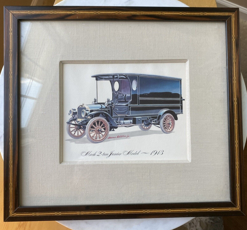 Howard Nostrand Antique Car Vintage Print Mack 2 Junior 1913 Framed Matted Glass