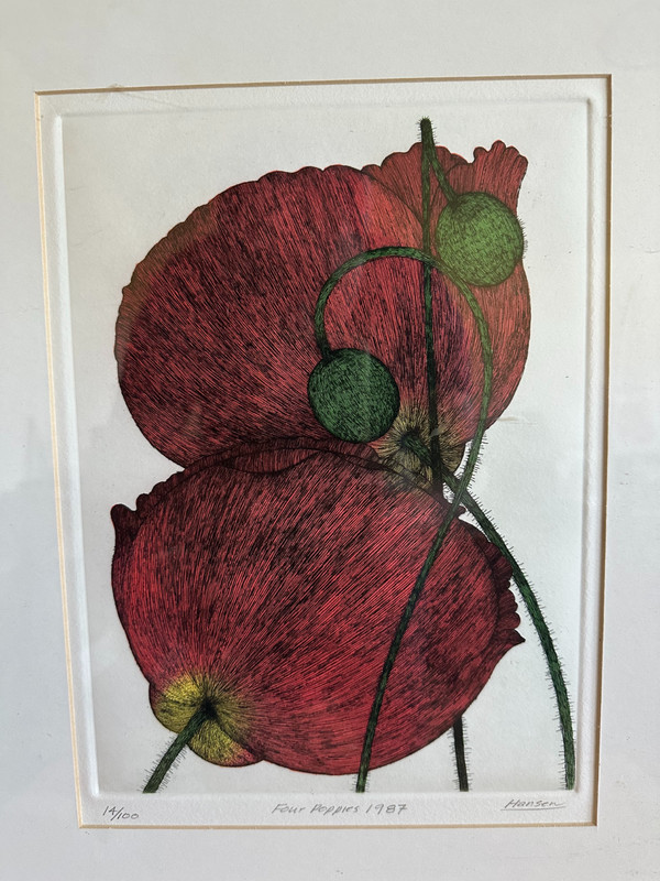 Art Hansen Limited Edition Lithograph, Signed, Framed, Four Poppies, 14/100