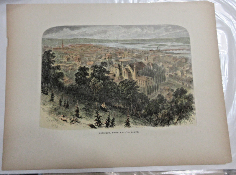 1874 HAND COLORED WOOD ENGRAVING " DUBUQUE FROM KELLYS BLUFF" 9 X12"