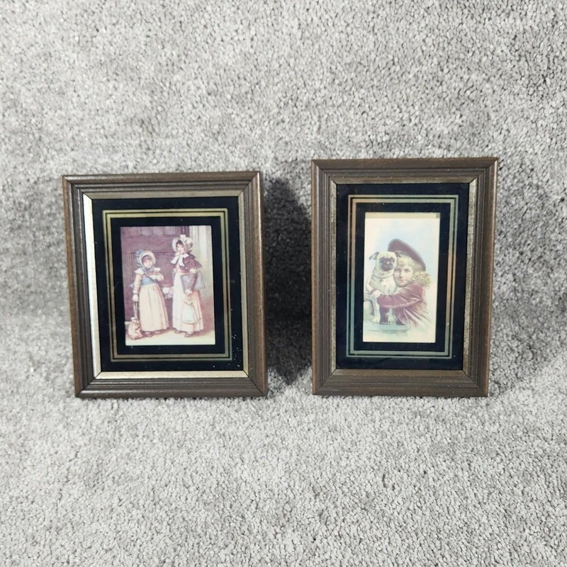 George Nathan Framed Art Prints Brown Victorian Children Pug Vintage Set