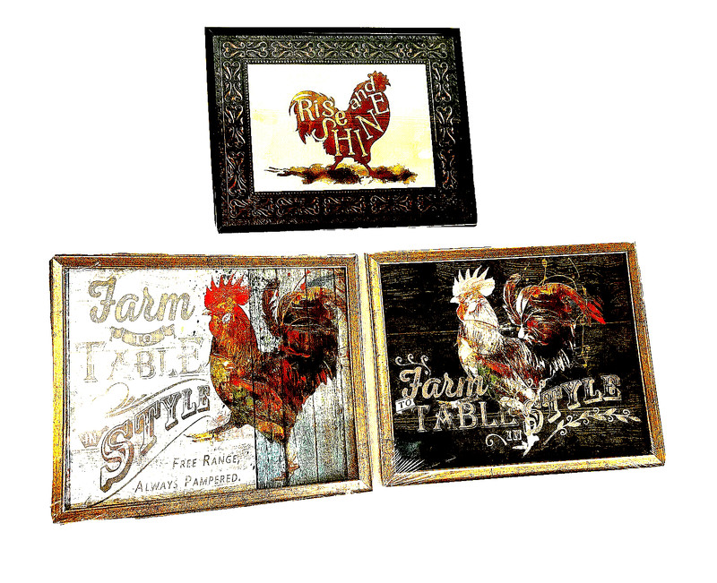 Rooster Folk Art Country Farmhouse Print Metal Frame «Rise & Shine» Set / 3 NIP