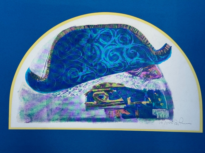 ABSTRACT MASK MAN LITHOGRAPH SURREAL BLUE HAT HEAD & FACE LITHO SIGNED ILLEGIBLE