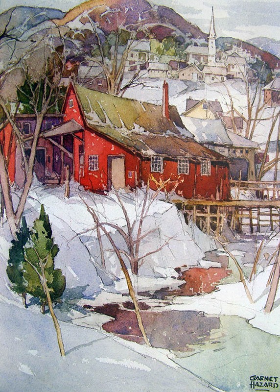 Vintage art Garnet Hazard Canada Winter Village Stream Trees scene