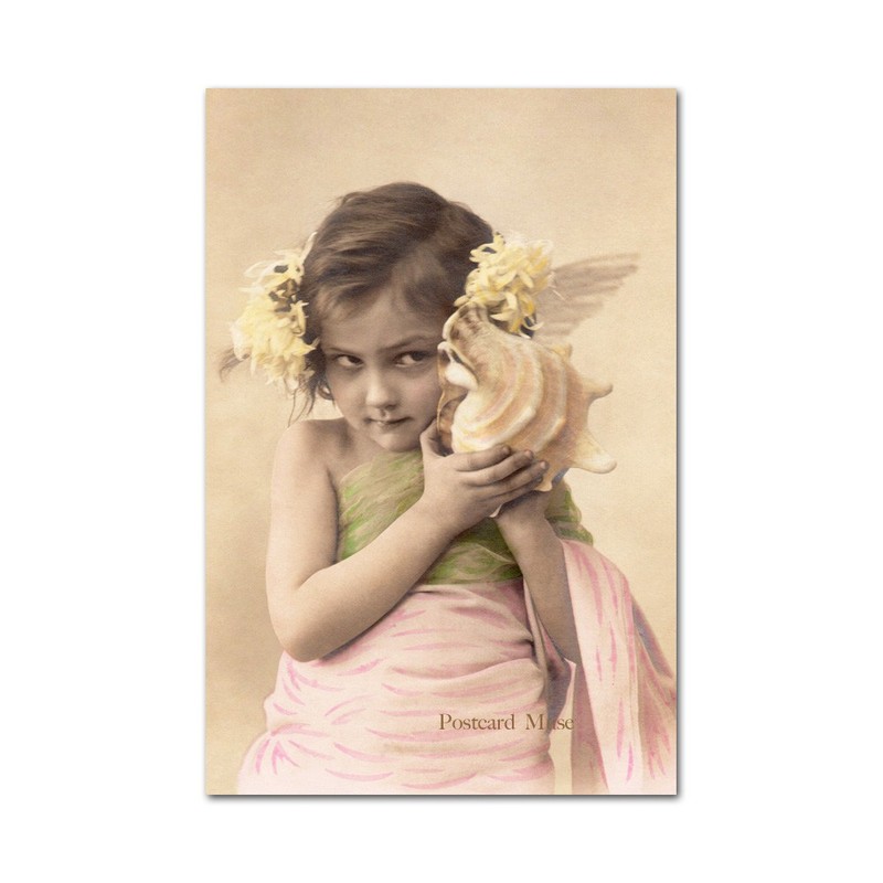 Fantasy Angel Girl With A Seashell Vintage Image 4×6 Art Paper Print