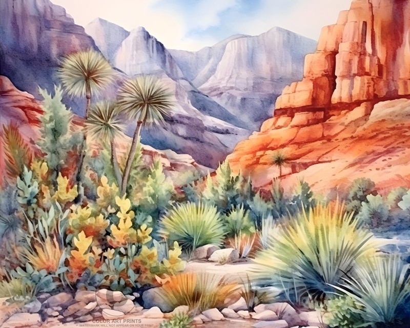 Red Rock Watercolor Black Velvet Canyon Trail Las Vegas Nevada Giclée Print 8×10