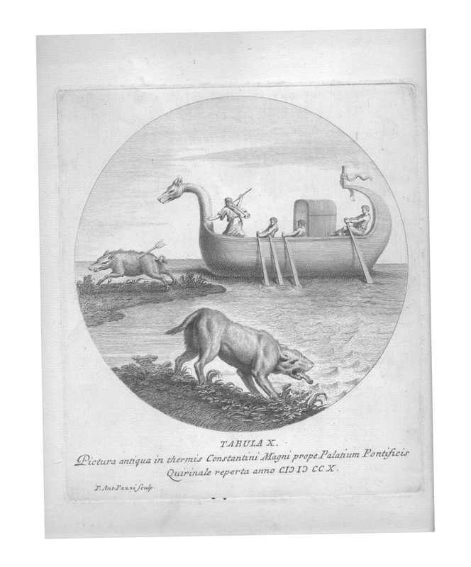 OLD MASTER engraving 18th c. Antonio PAZZI Boar Hunt from A Ship laid paper