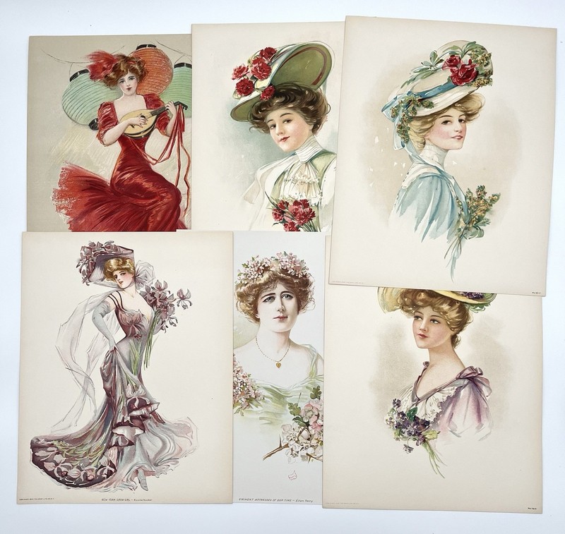 6 Antique Art Nouveau Lady Portrait Lithographs c.1905 Edwardian Fashion