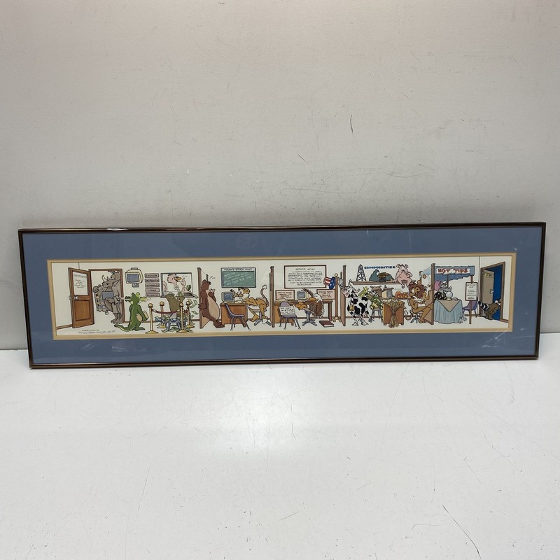 Robert Marble Signed Investments Lithograph Satire Cartoon 1989 Framed 38x10