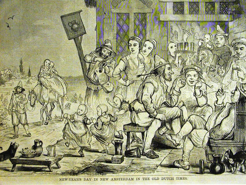Hoppin NEW YEAR'S DAY in NEW AMSTERDAM Dancing Fiddle 1859 Antique Print Matted