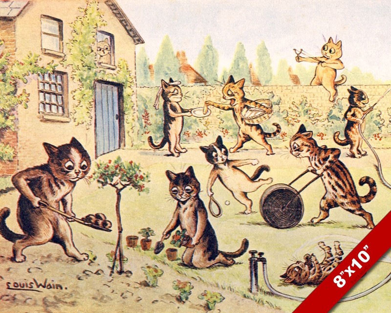 CATS BUSY WORKING IN THE GARDEN KITTEN LOUIS WAIN ART PAINTING REAL CANVAS PRINT