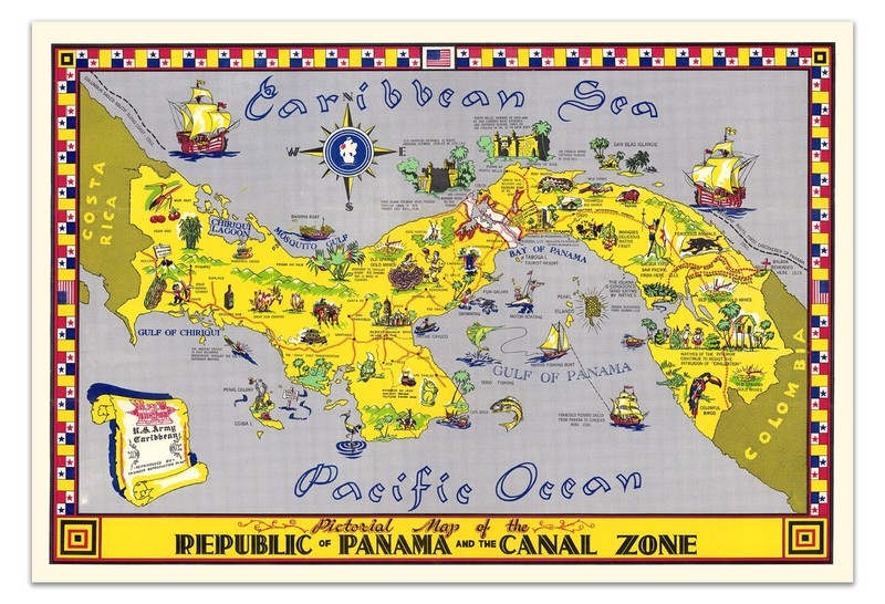 Vintage Pictorial Map of Panama & Canal Zone Poster - U.S. Army 1950s Caribbean