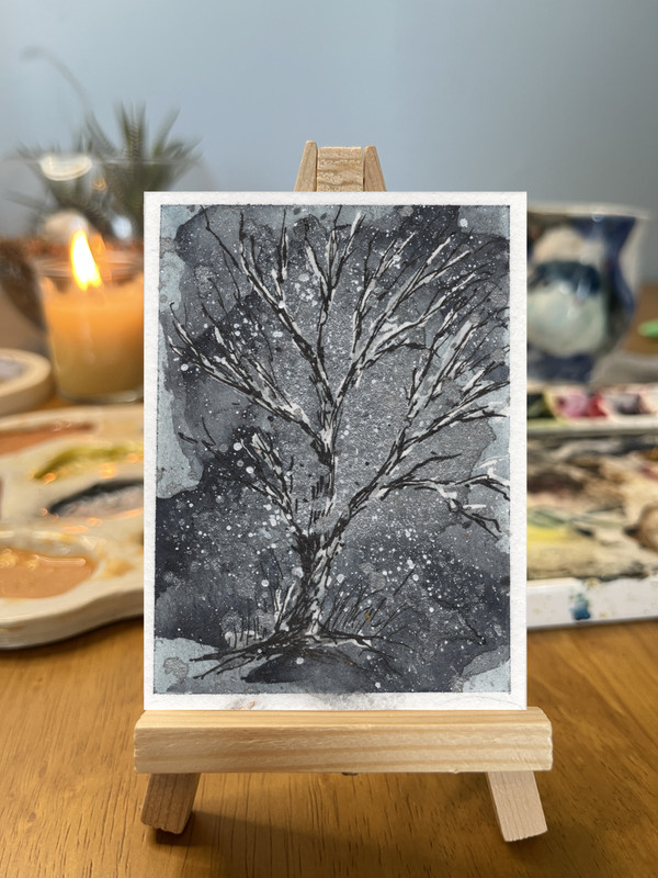 ACEO Original Watercolor Ink Bare Winter Tree Snow Night Storm White Dark Landsc